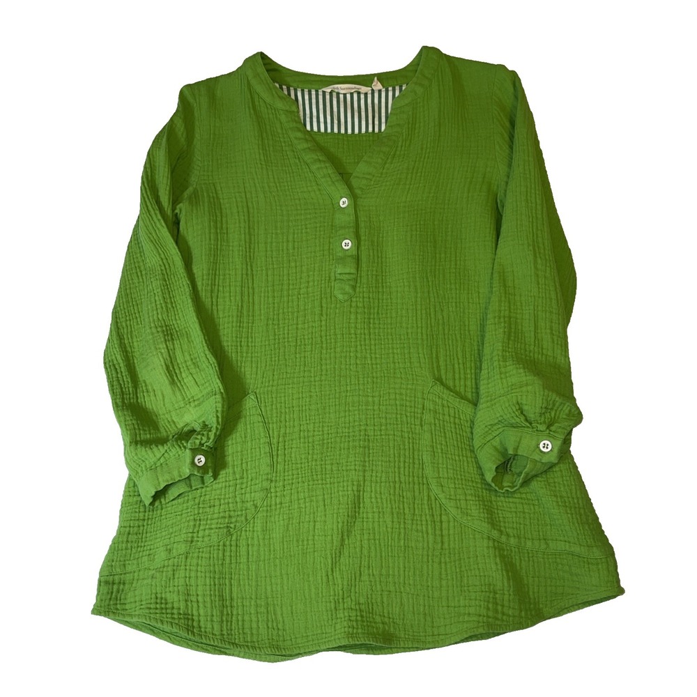 Soft Surroundings Cotton Guaze Tunic Pockets XS Lagenlook Green Coastal Shirt